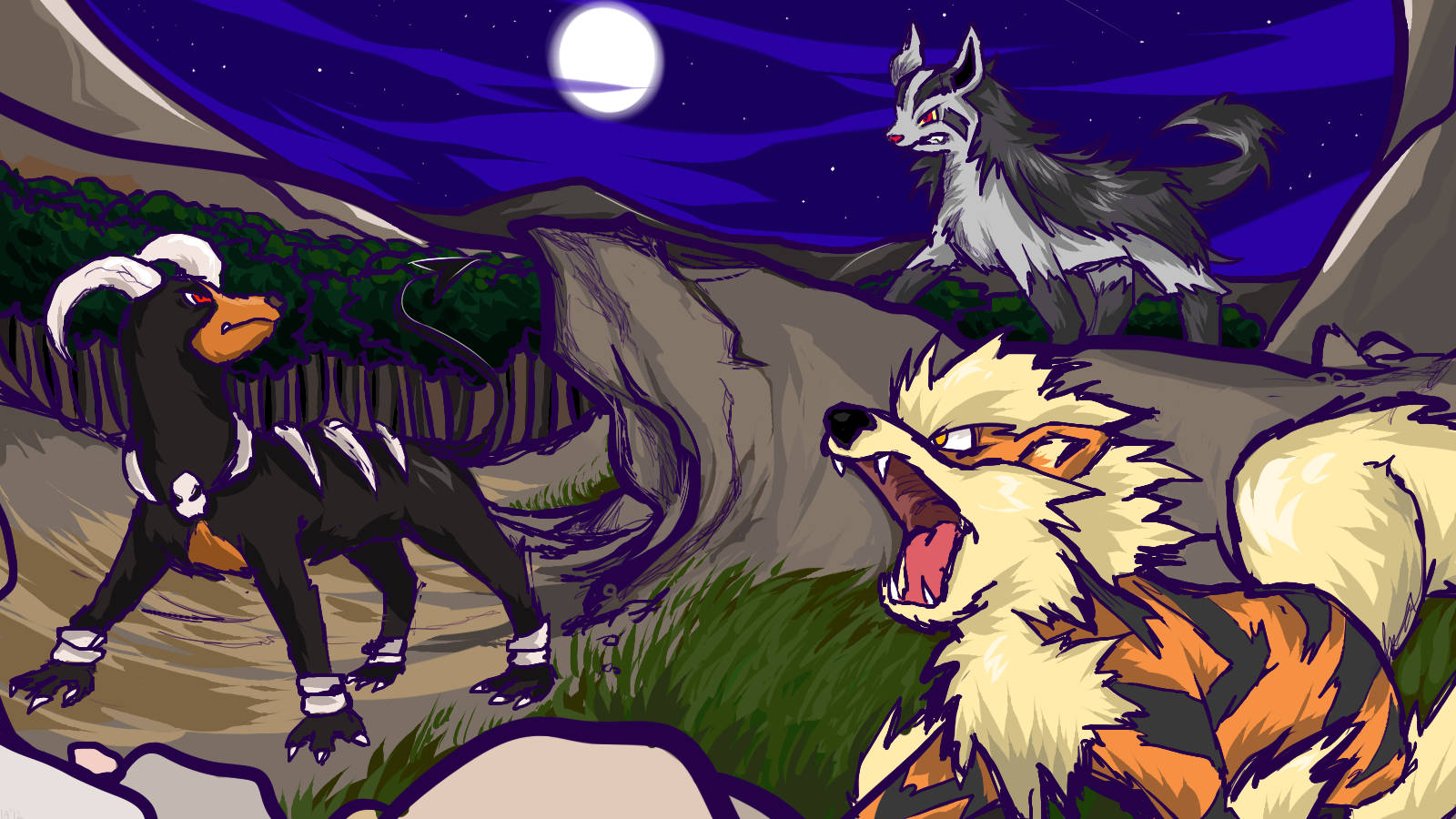 Houndoom, Arcanine, And Mightyena Beneath The Moon Background