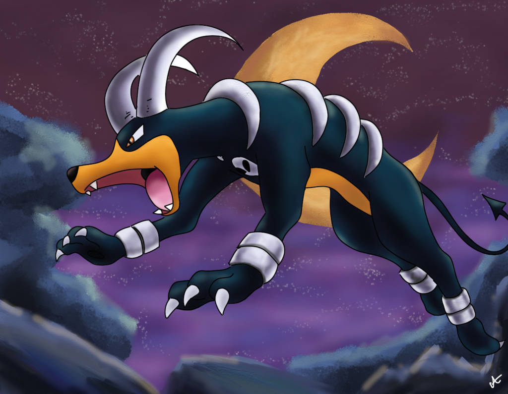 Houndoom Leaps With The Moon Behind Background