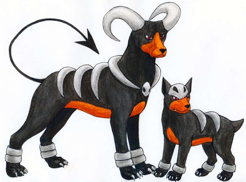 Houndour And Houndoom With White Backdrop Background