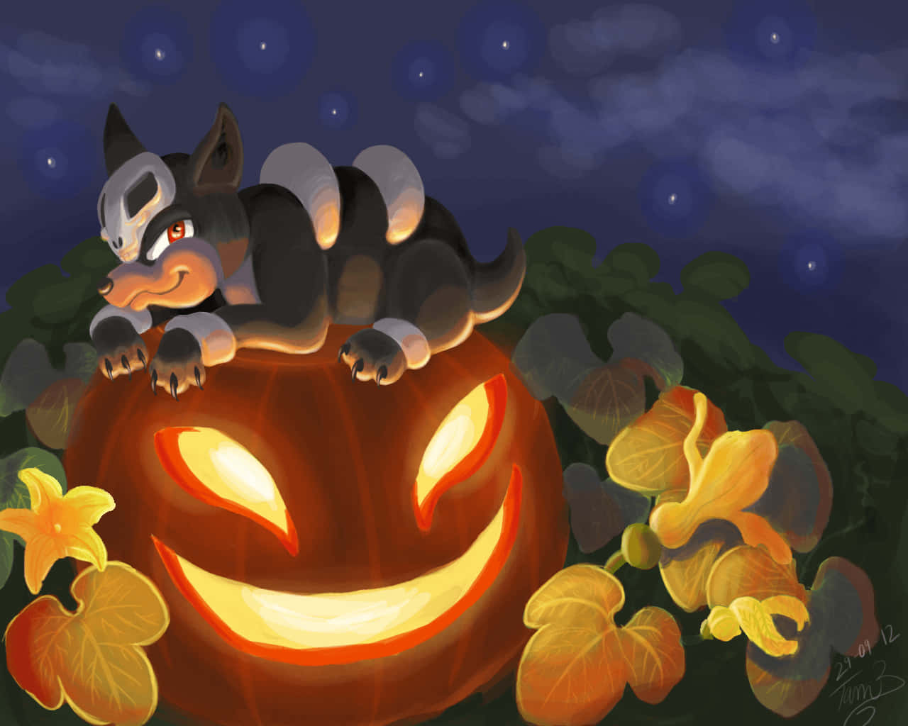 Houndour Resting On A Pumpkin Background