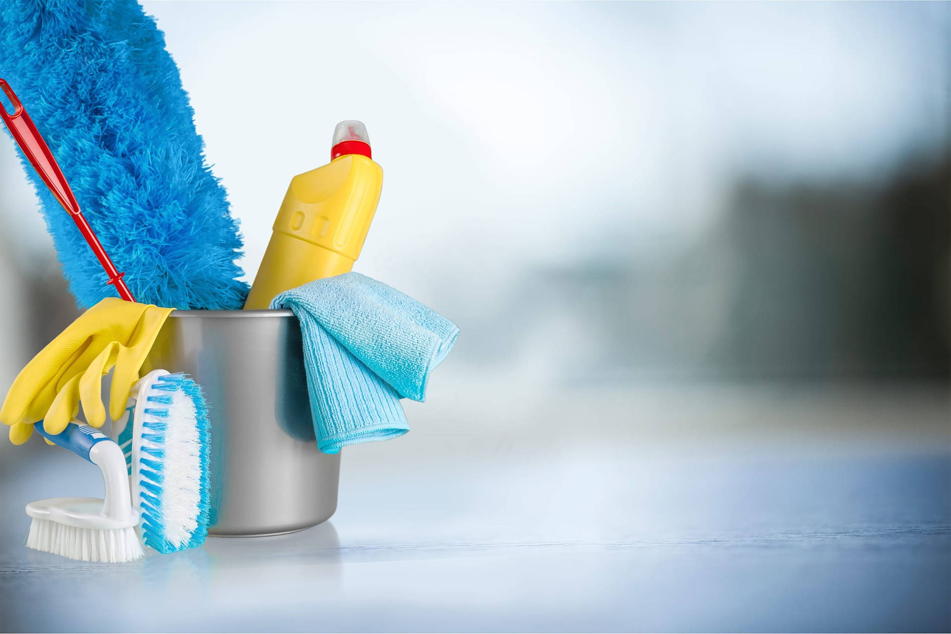 House Cleaning Materials In Cleaning Bucket