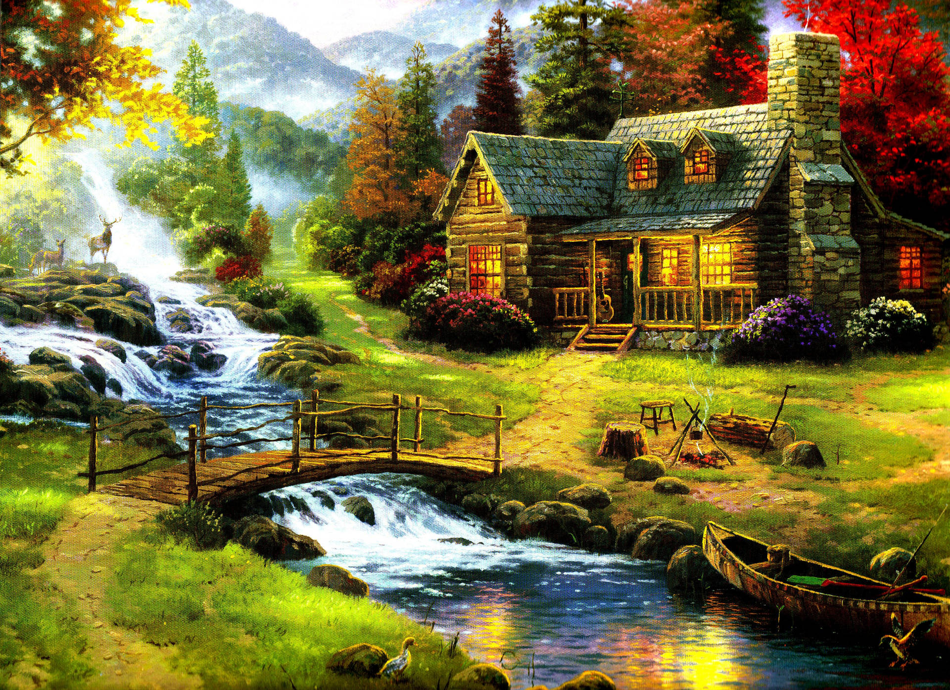 House In A Forest Painting Background