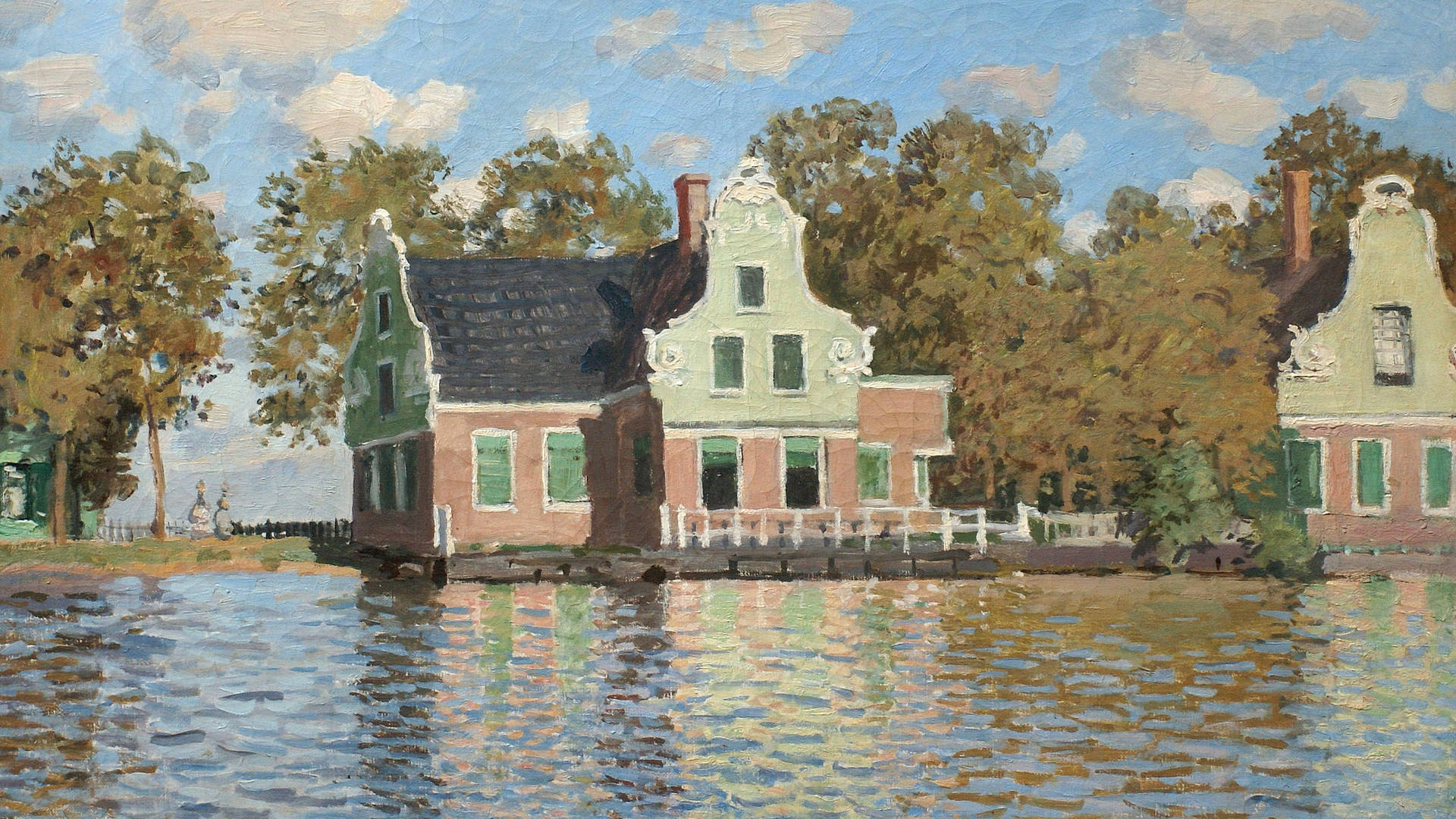 Houses By The Riverbank Claude Monet Background