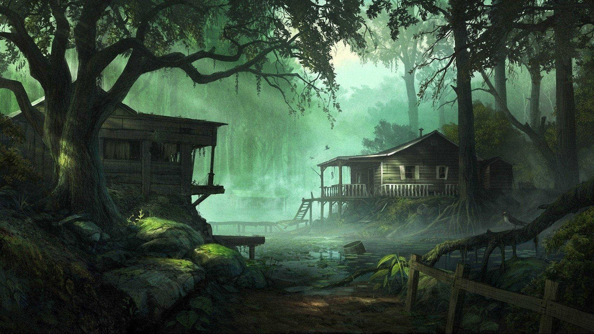 Houses In Dark Green Forest Aesthetic Background
