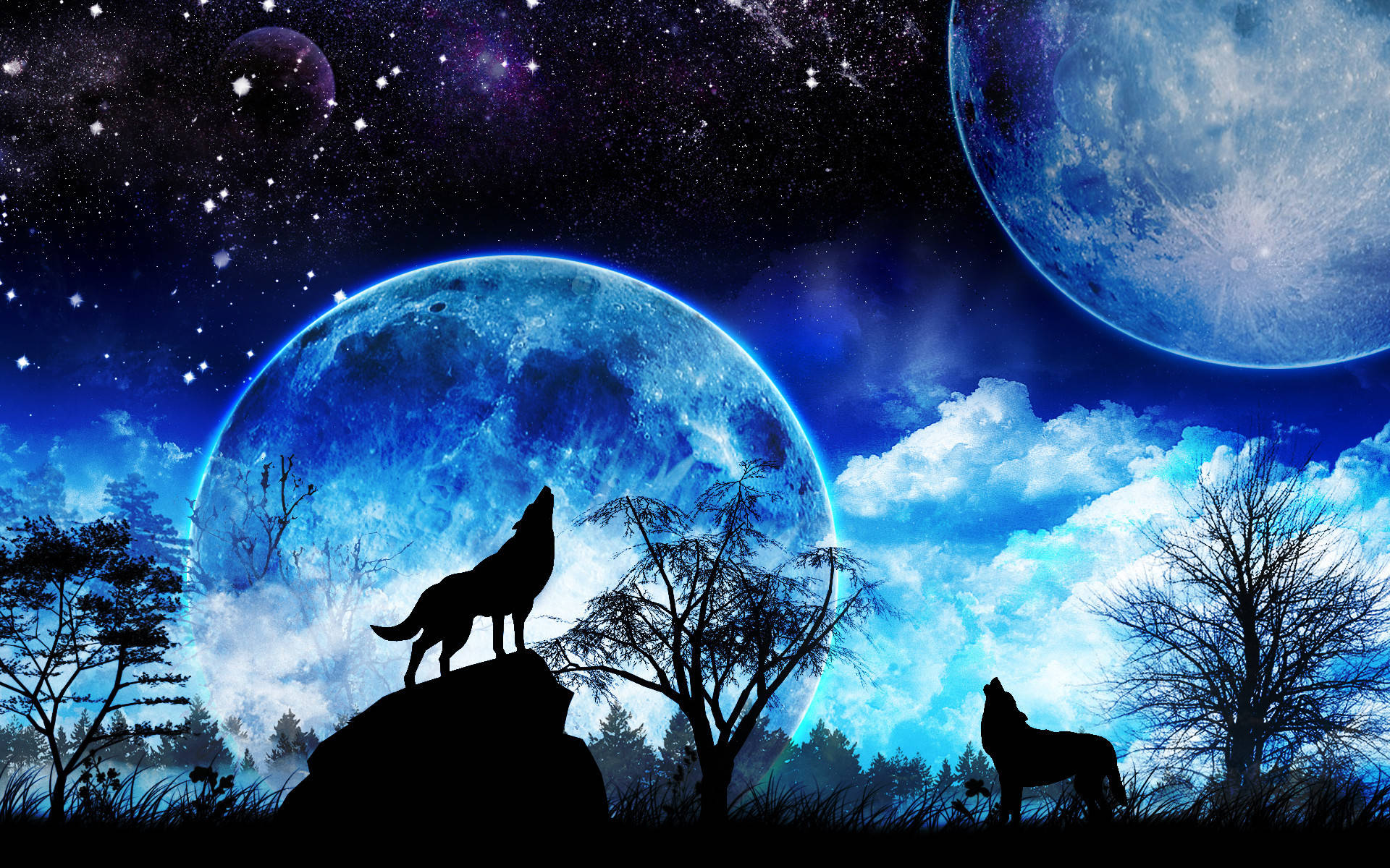 Howling Wolves And Galaxy Moon Background