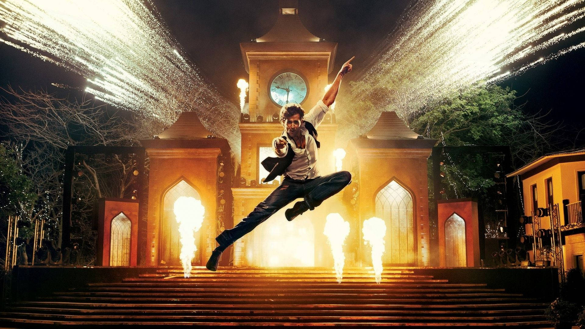 Hrithik Roshan Mid Air With Fireworks Background