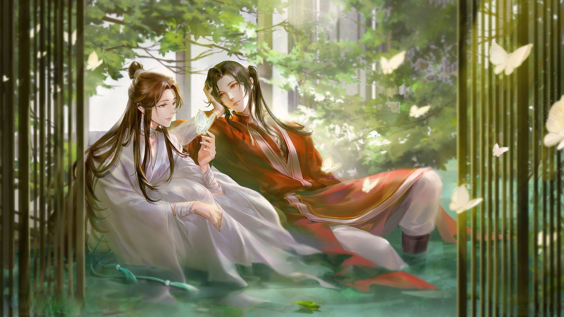 Hu Cheng And Xie In Pond Background