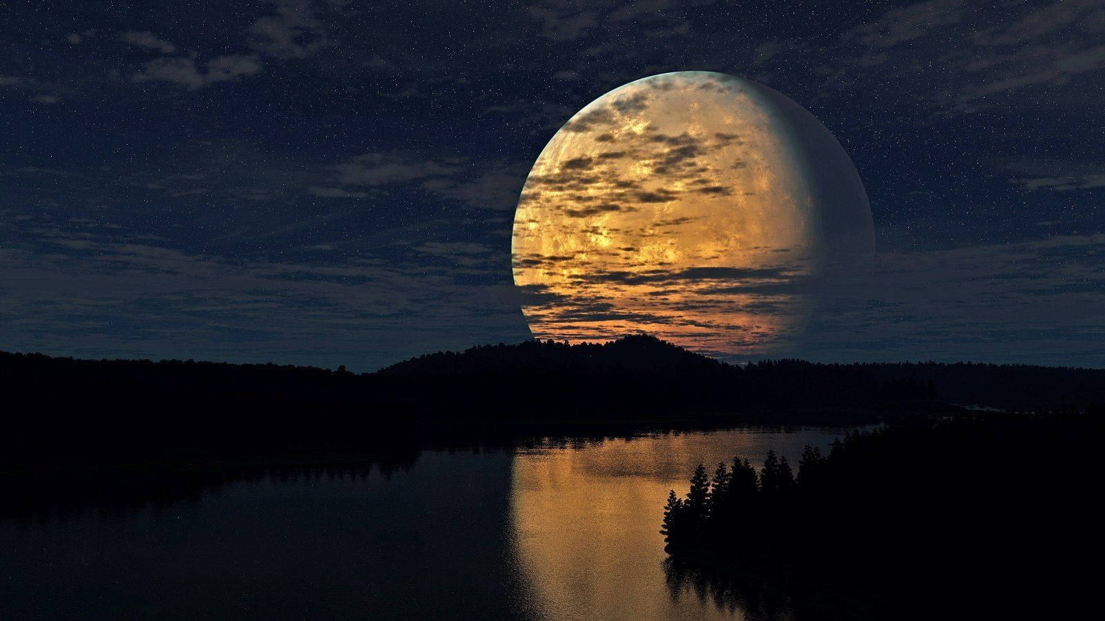 Huge Beautiful Moon Over A River Background