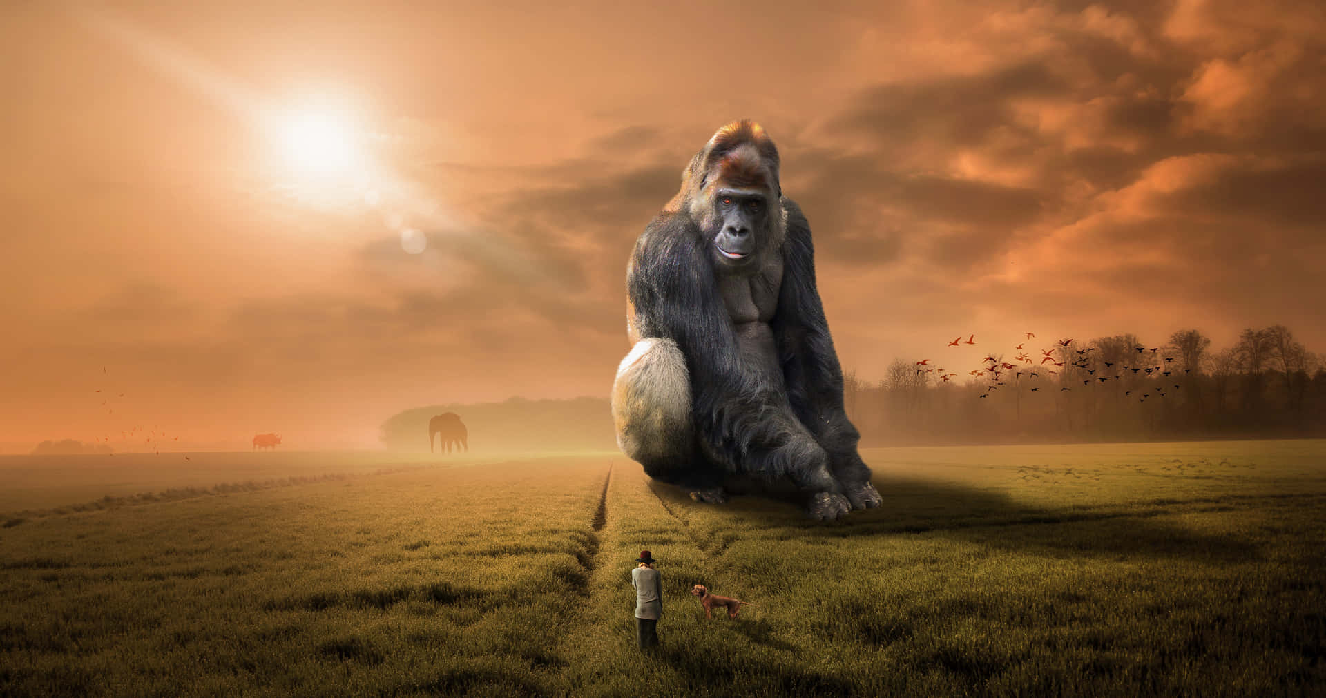 Huge Gorilla On Open Field Background