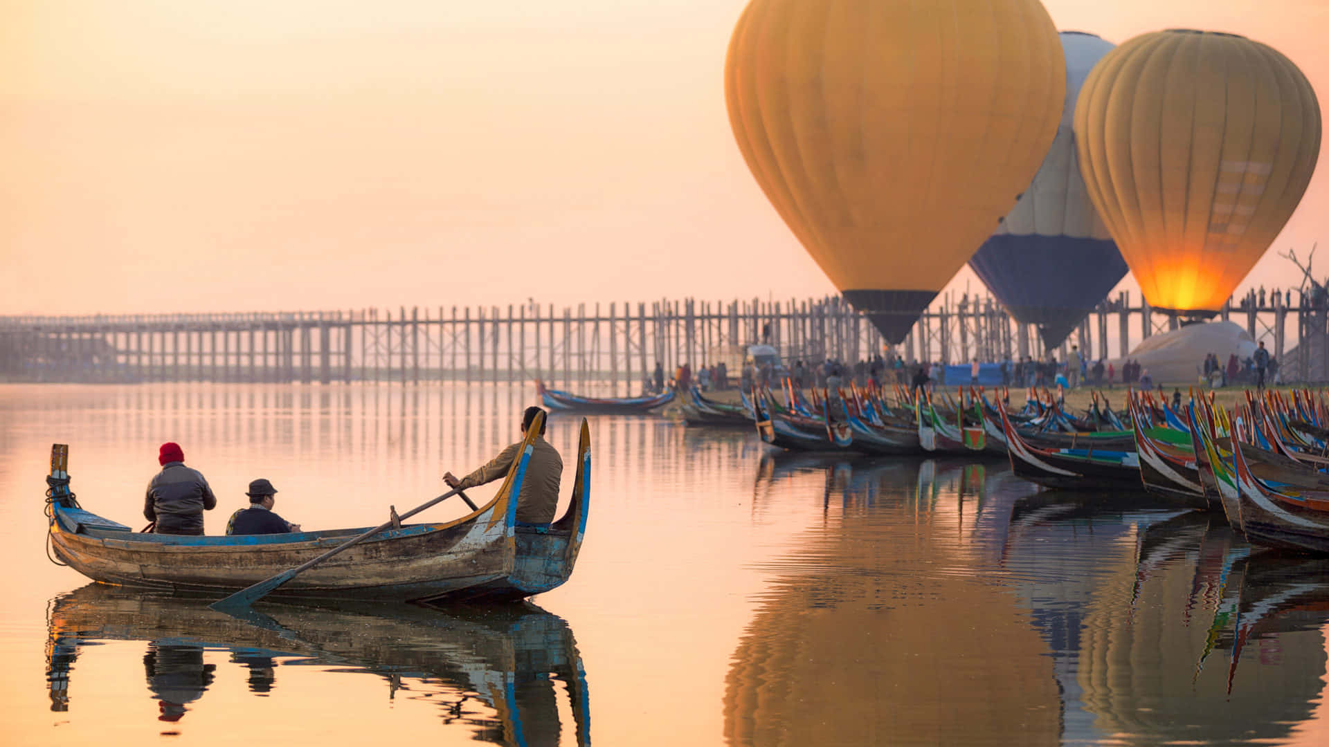 Huge Hot Air Balloons At U Bein Bridge, South Of Mandalay
