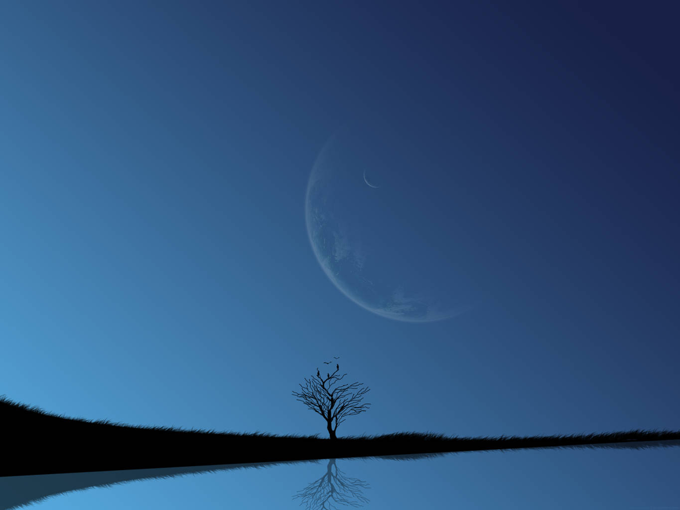 Huge Moon Over A Lone Tree As A Minimalist Nature