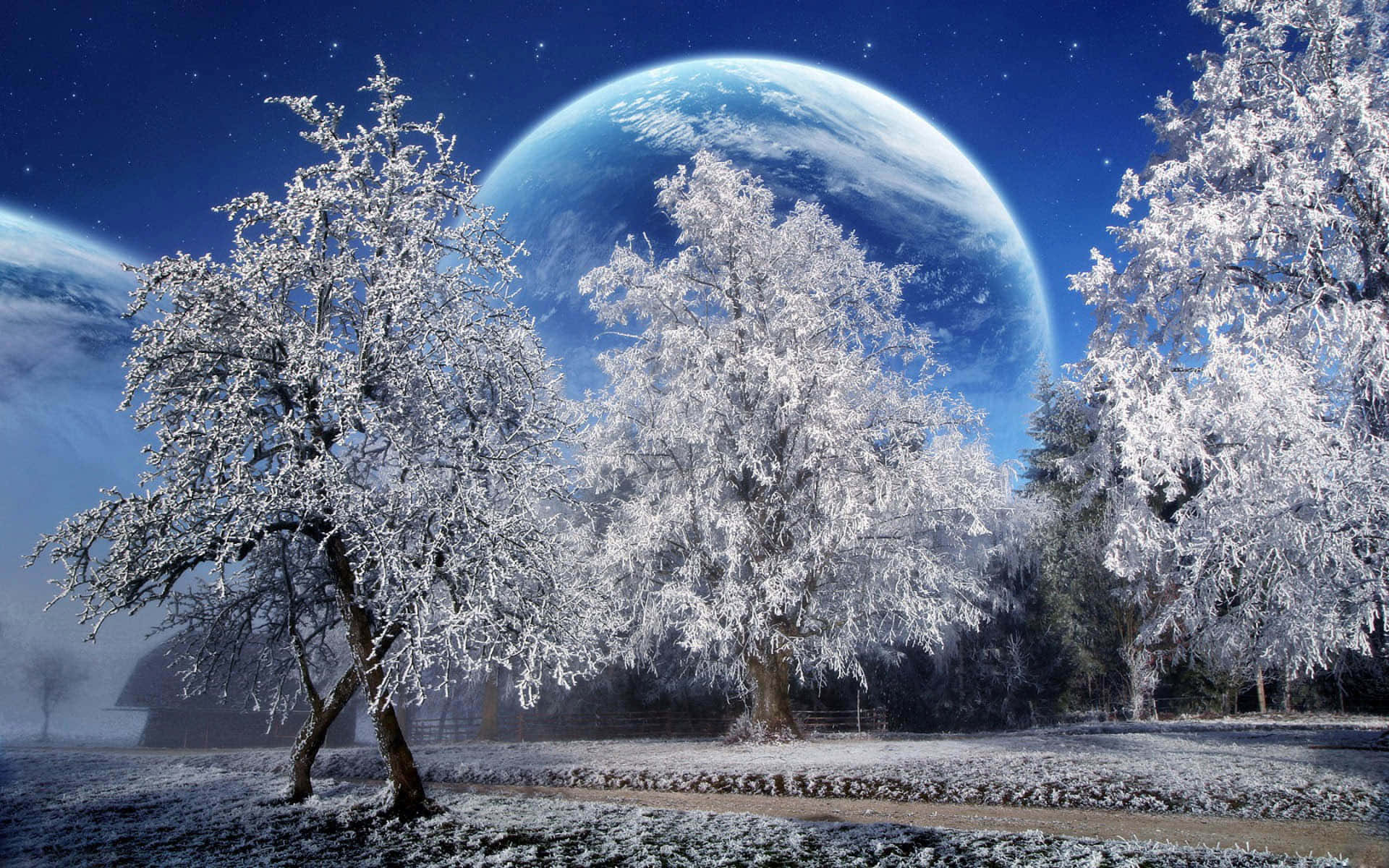 Huge Moon Over Winter Scenery Desktop