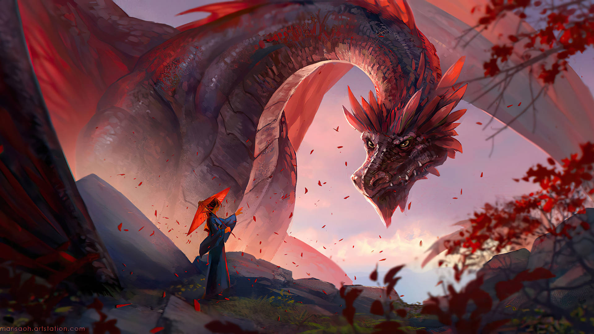 Huge Red Dragon With Girl