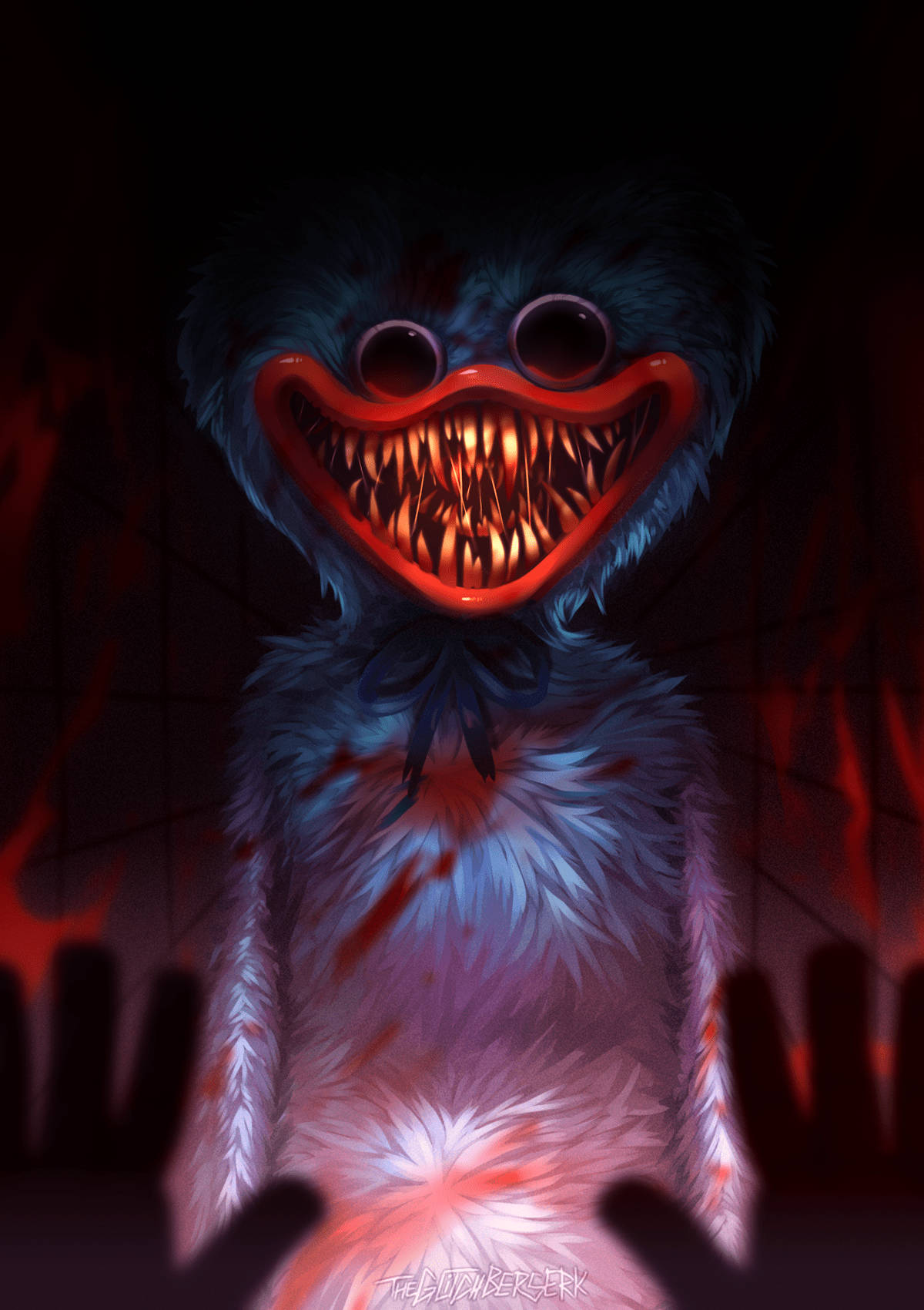 Huggy Wuggy Revealing Razor-sharp Teeth In A Chilling Grin Background