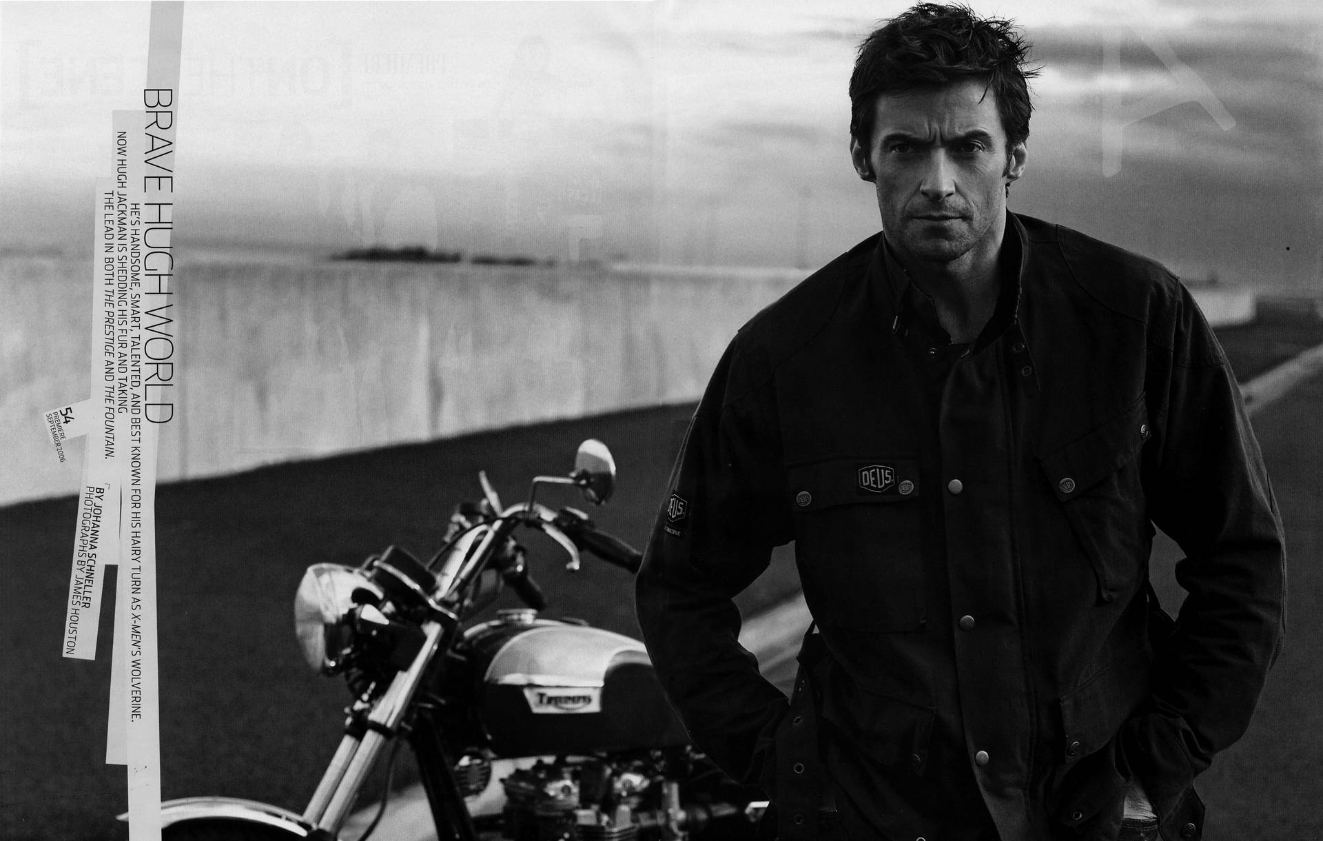 Hugh Jackman Motorbike Monochrome Background