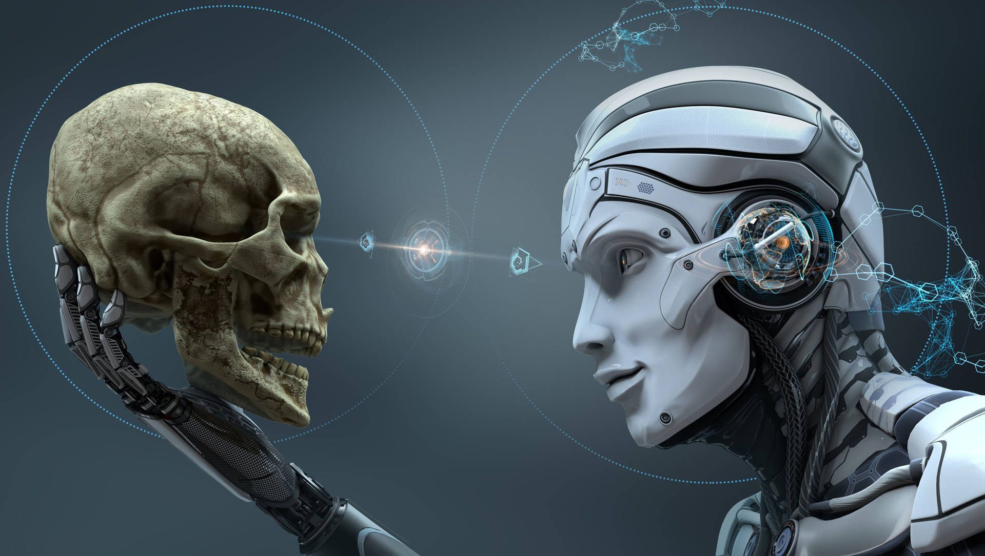 Humanoid Robot And Skull Background