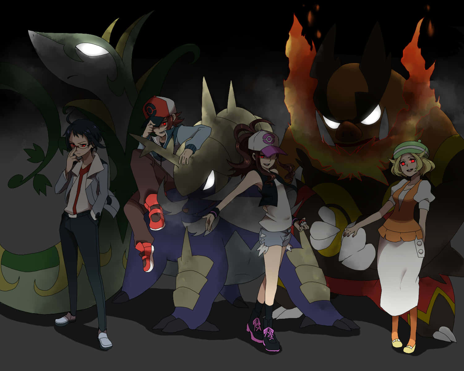 Humans With Pokemon Species And Emboar Behind Background