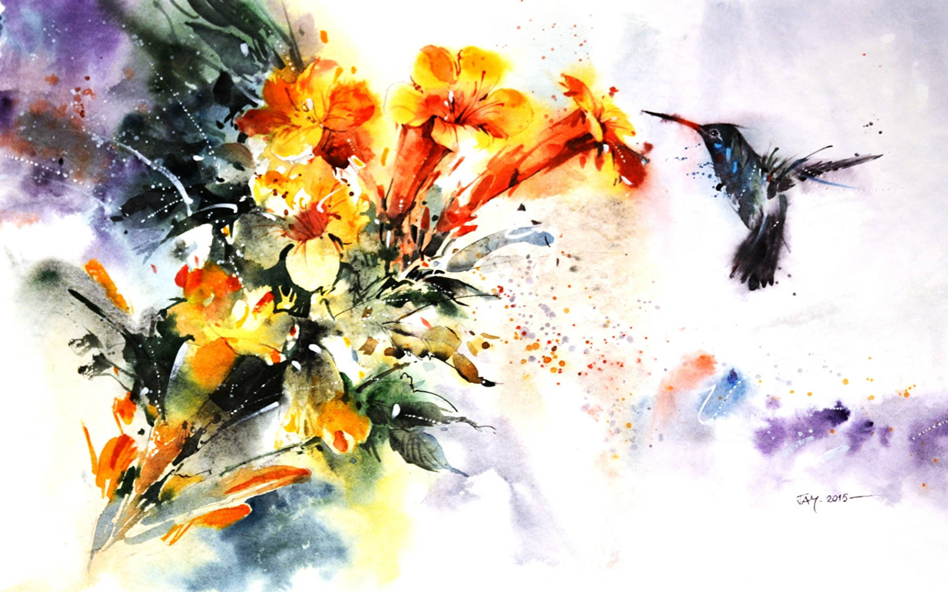 Hummingbird And Flowers Painting