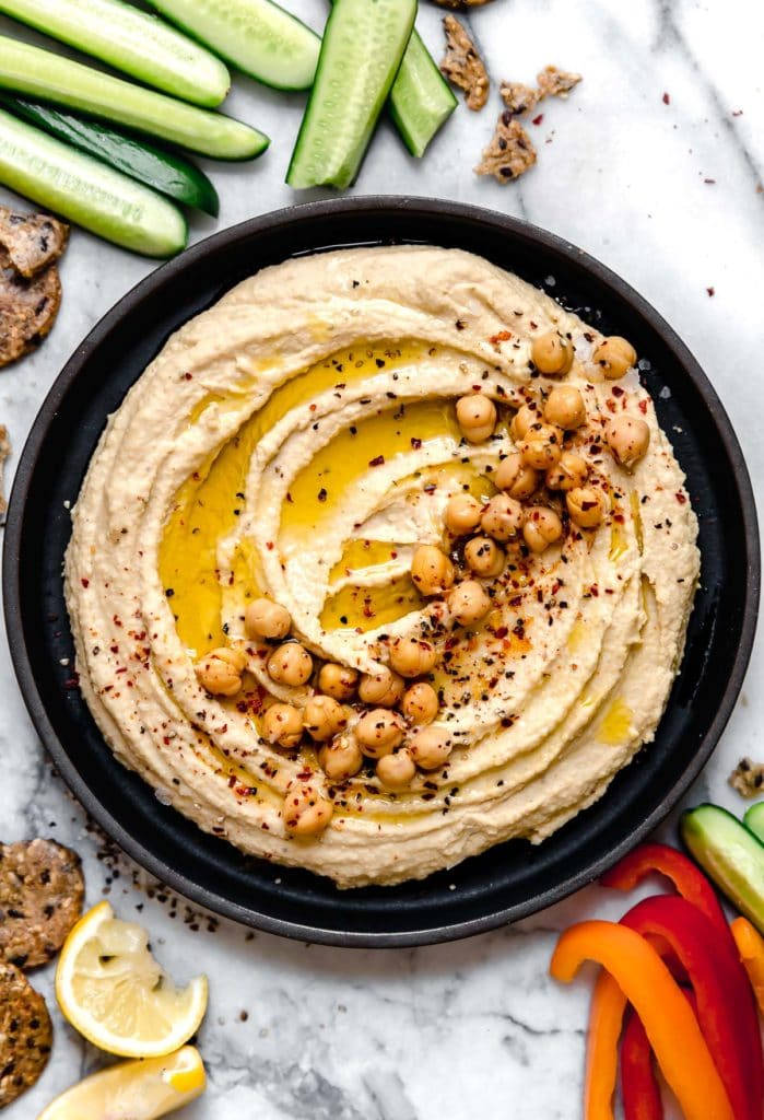 Hummus With Chickpeas On Marble Background