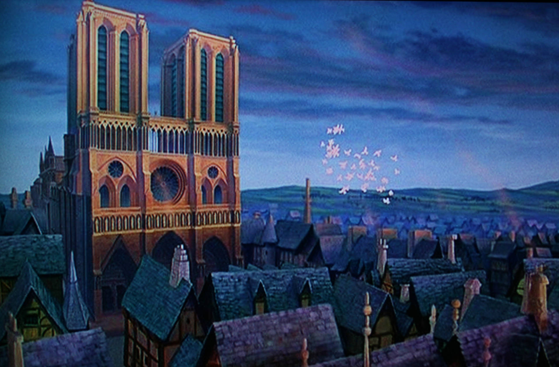 Hunchback Of Notre Dame Flying Birds Background