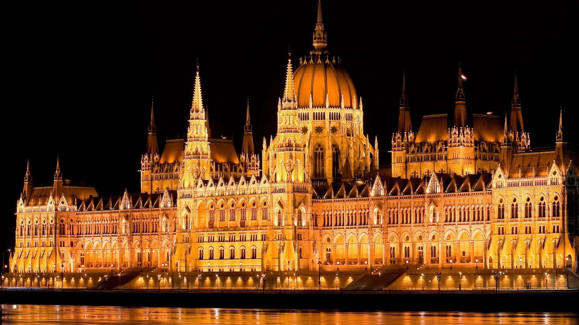 Hungarian Parliament Buildings Yellow Lights Night