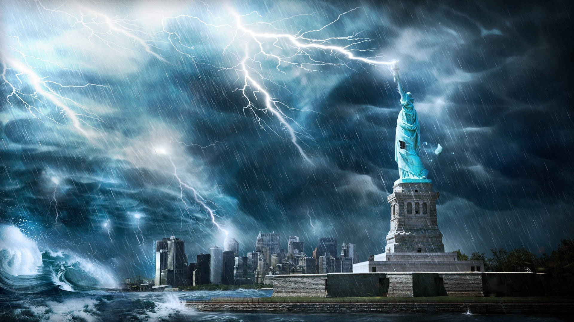 Hurricane In Statue Of Liberty Background