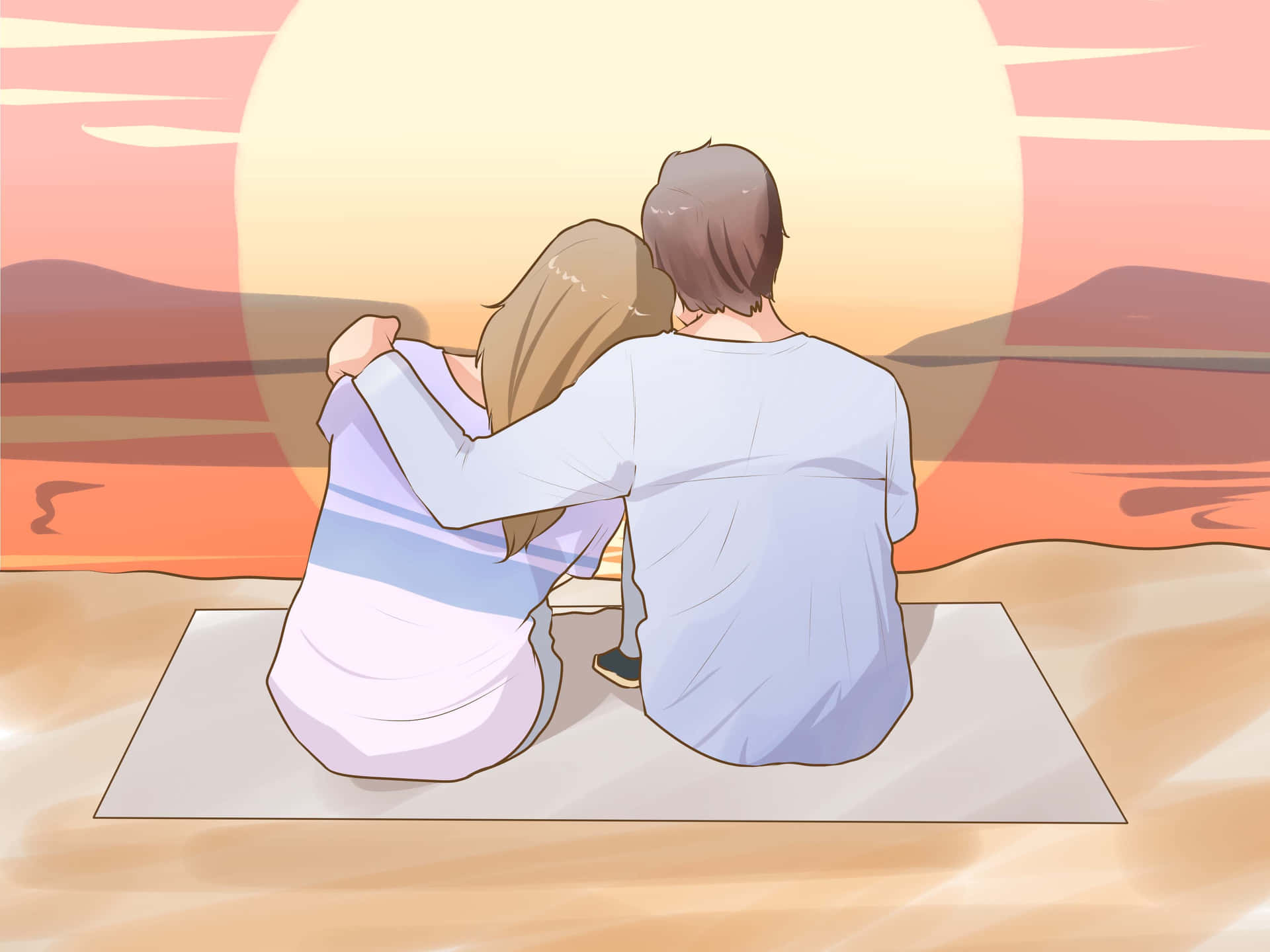 Husband And Wife Cartoon Watching Sunset