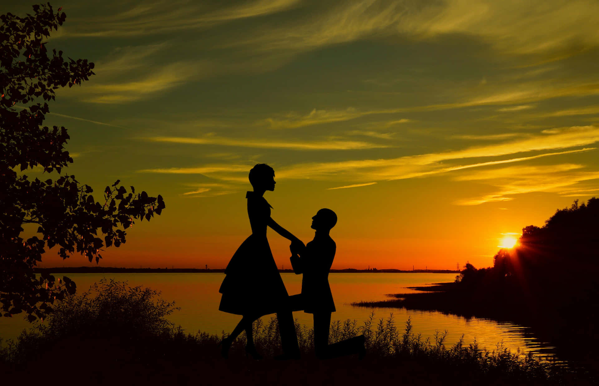 Husband And Wife Dancing By Lake Sunset Background