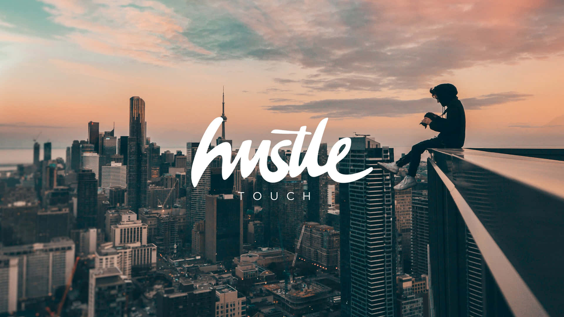 Hustle - A Cityscape With A Person Sitting On A Ledge Background
