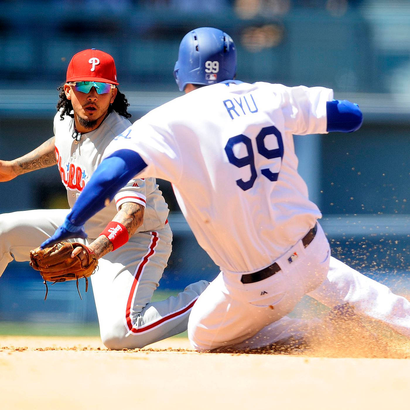 Hyun Jin Ryu Sliding During Game