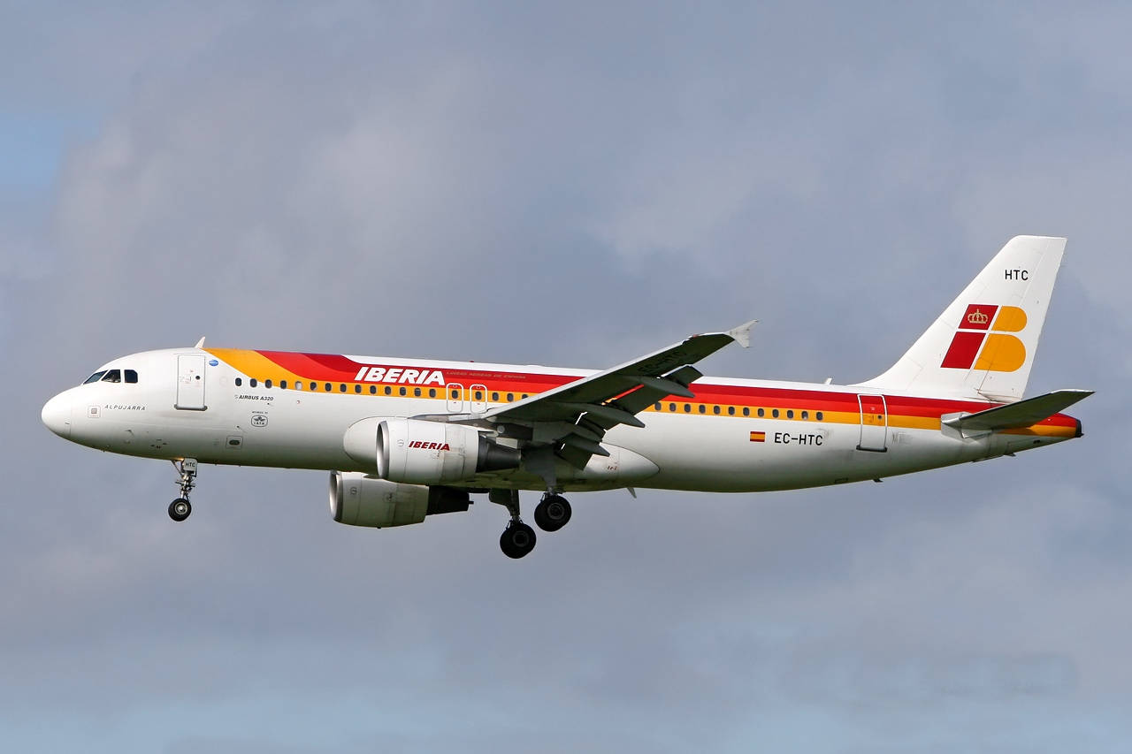 Iberia Airlines Airplane Dim Cloudy Skies Background