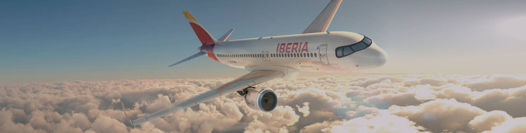 Iberia Airlines Airplane Gliding Above White Clouds Background