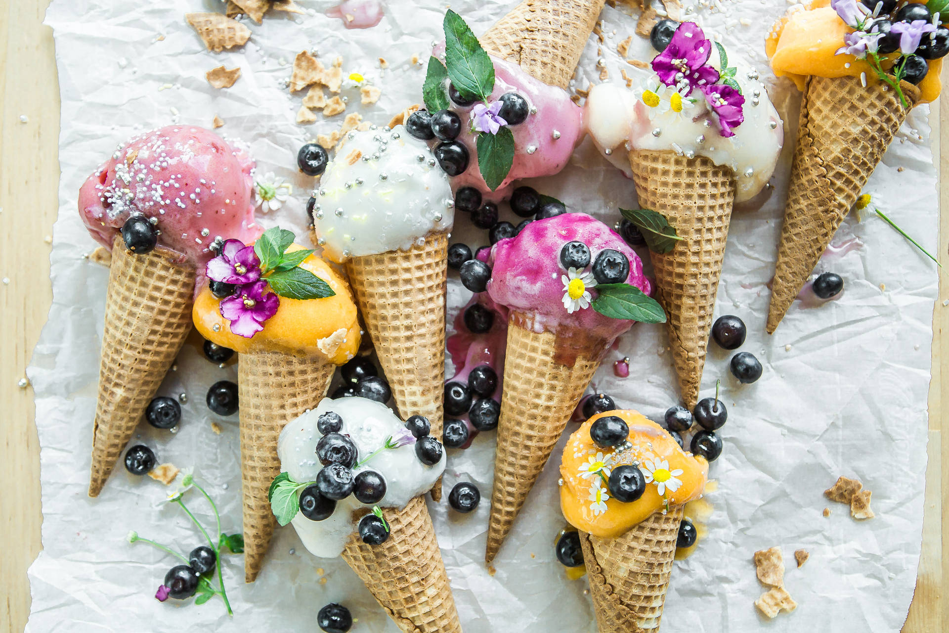 Ice Cream Scoops With Blackberries Background