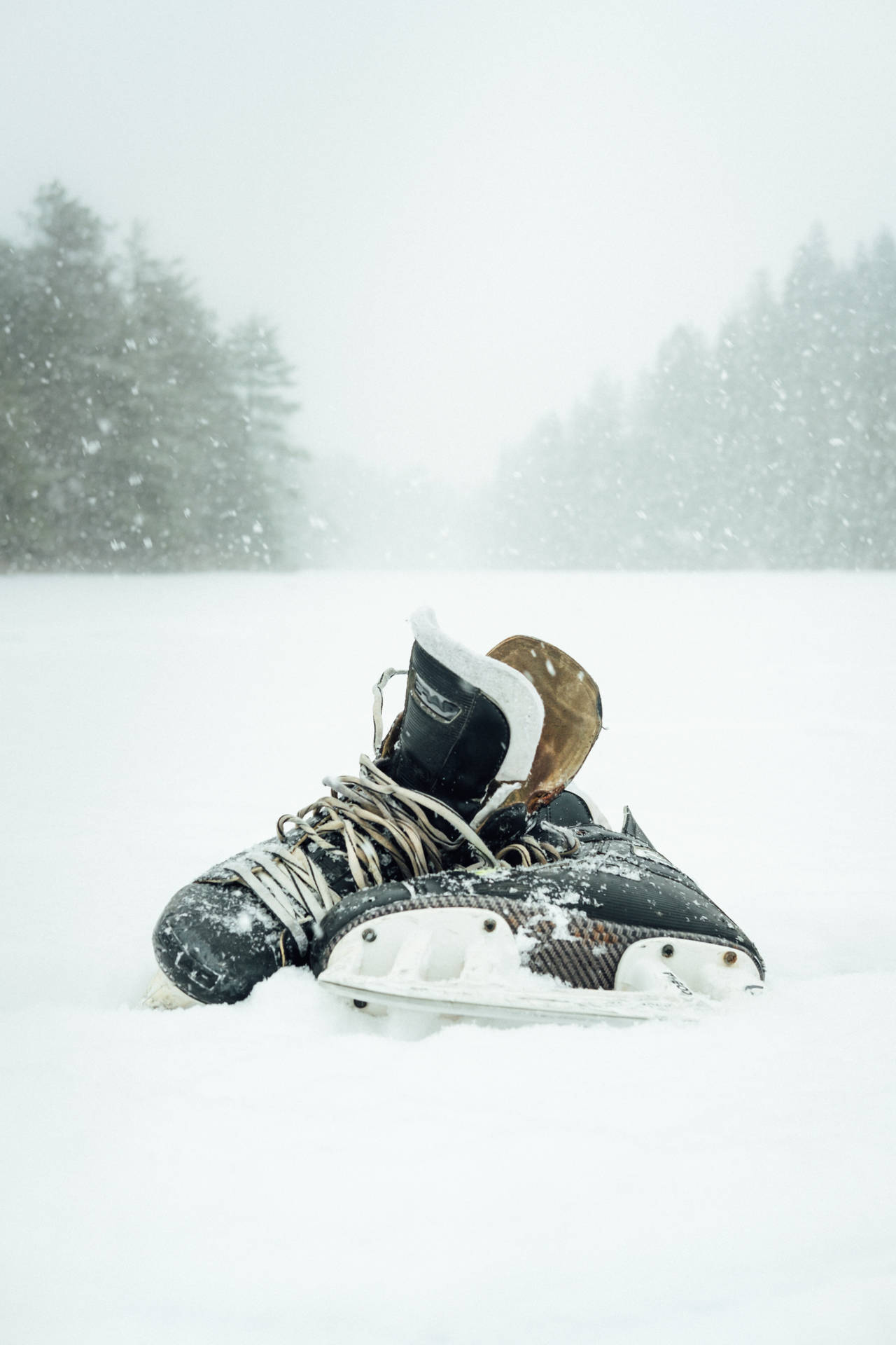 Ice Hockey Shoes In Snow Background