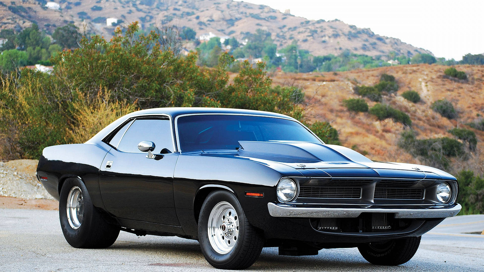 Iconic 1970 Plymouth Barracuda In Glossy Black Background