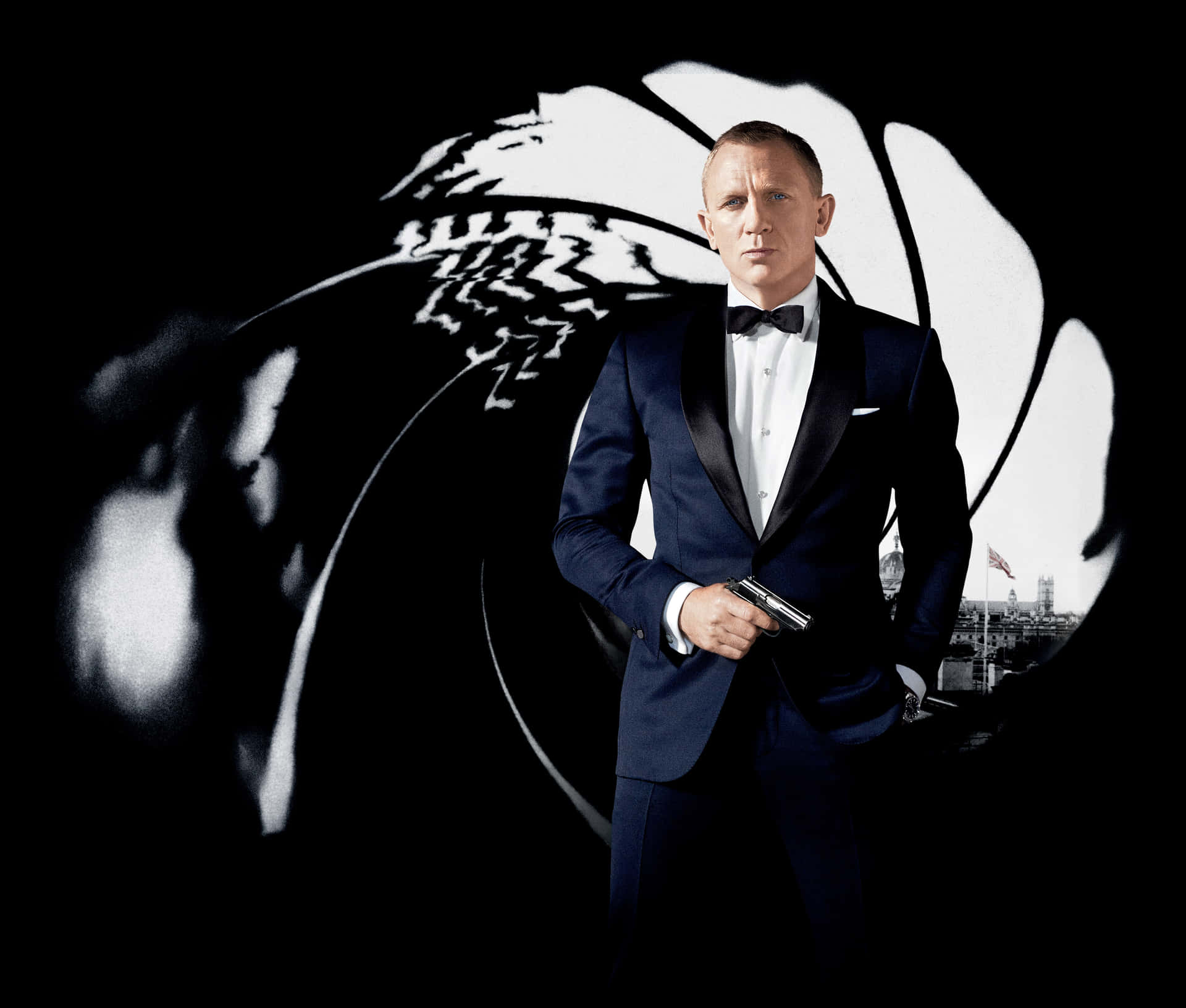 Iconic Bond Silhouettewith Gun Background