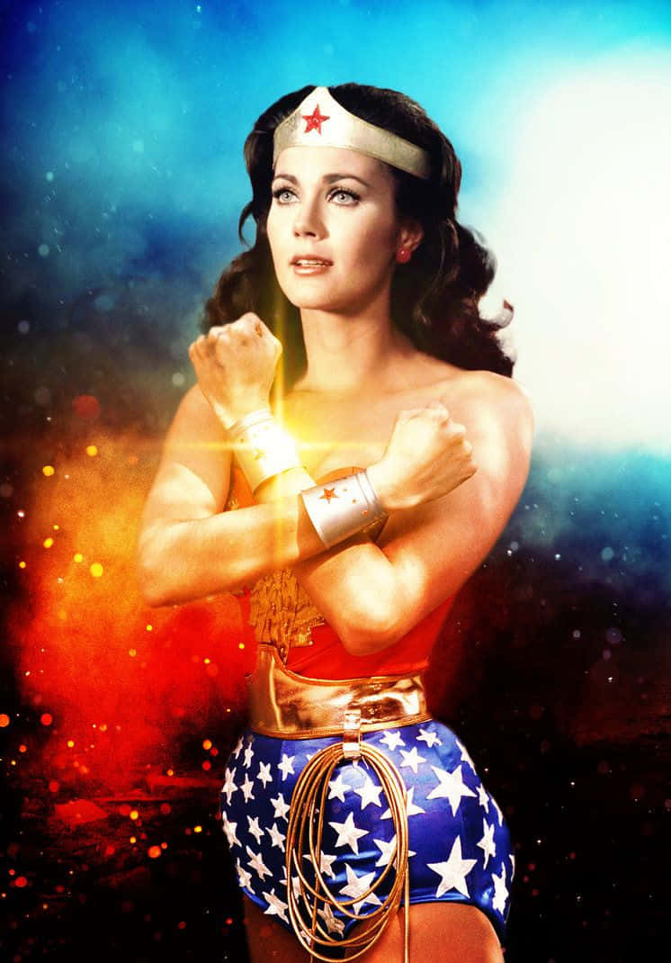 Iconic Superheroine Pose Lynda Carter Background