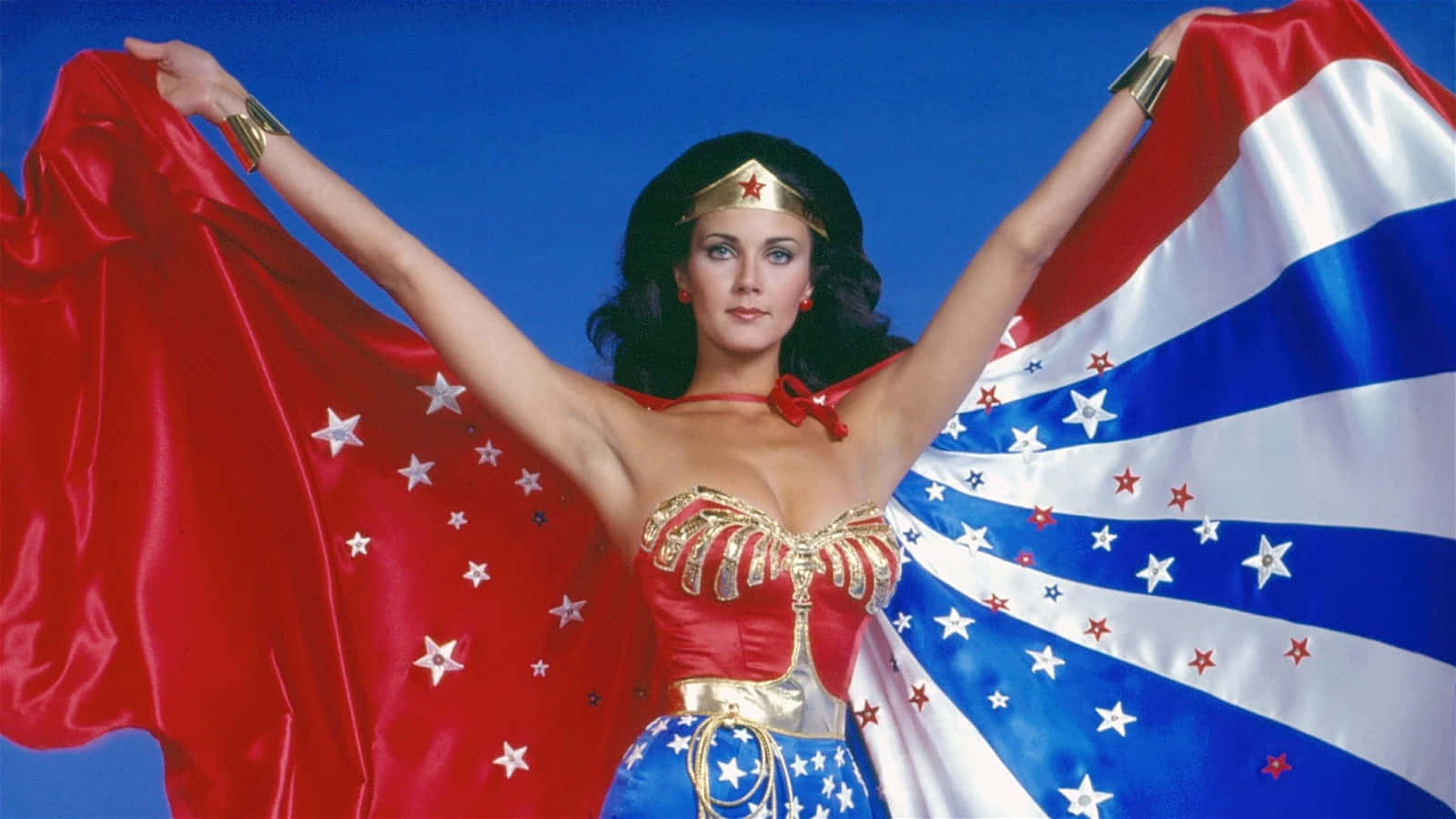 Iconic Wonder Woman Pose Lynda Carter Background