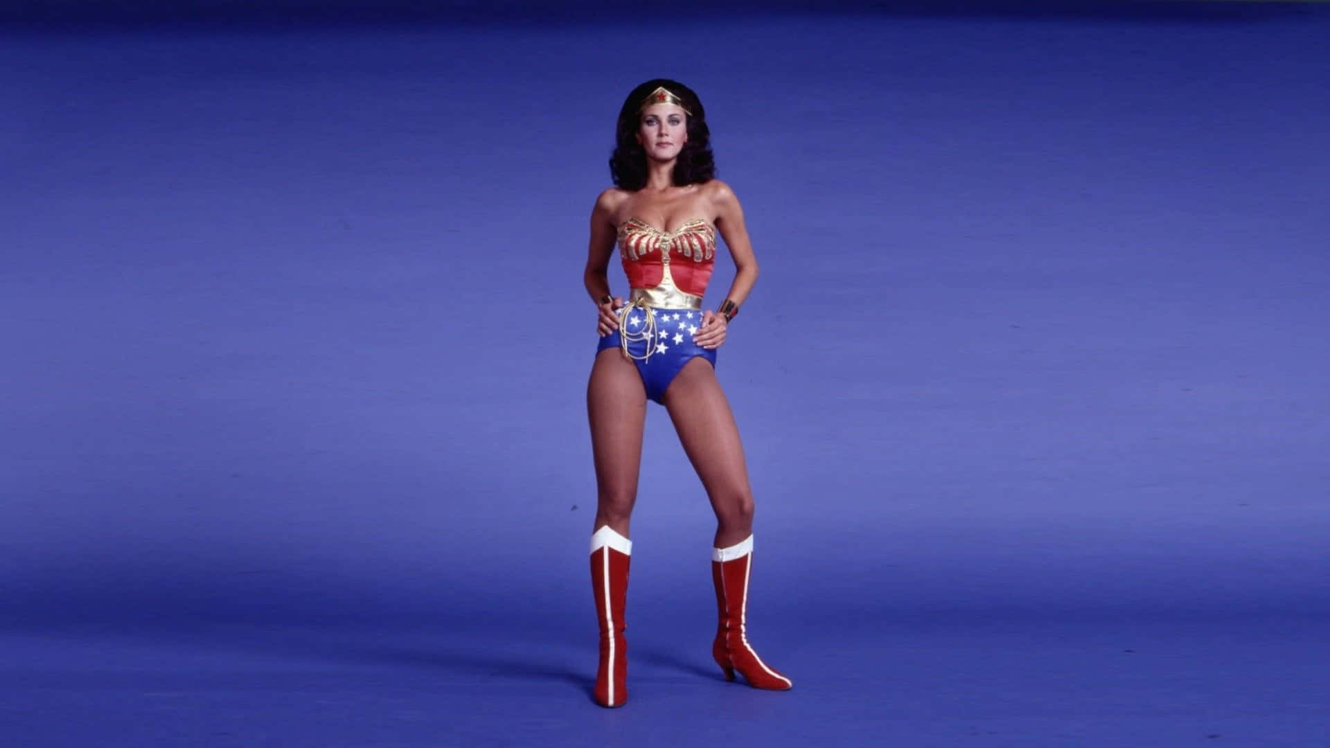 Iconic Wonder Woman Pose Lynda Carter Background