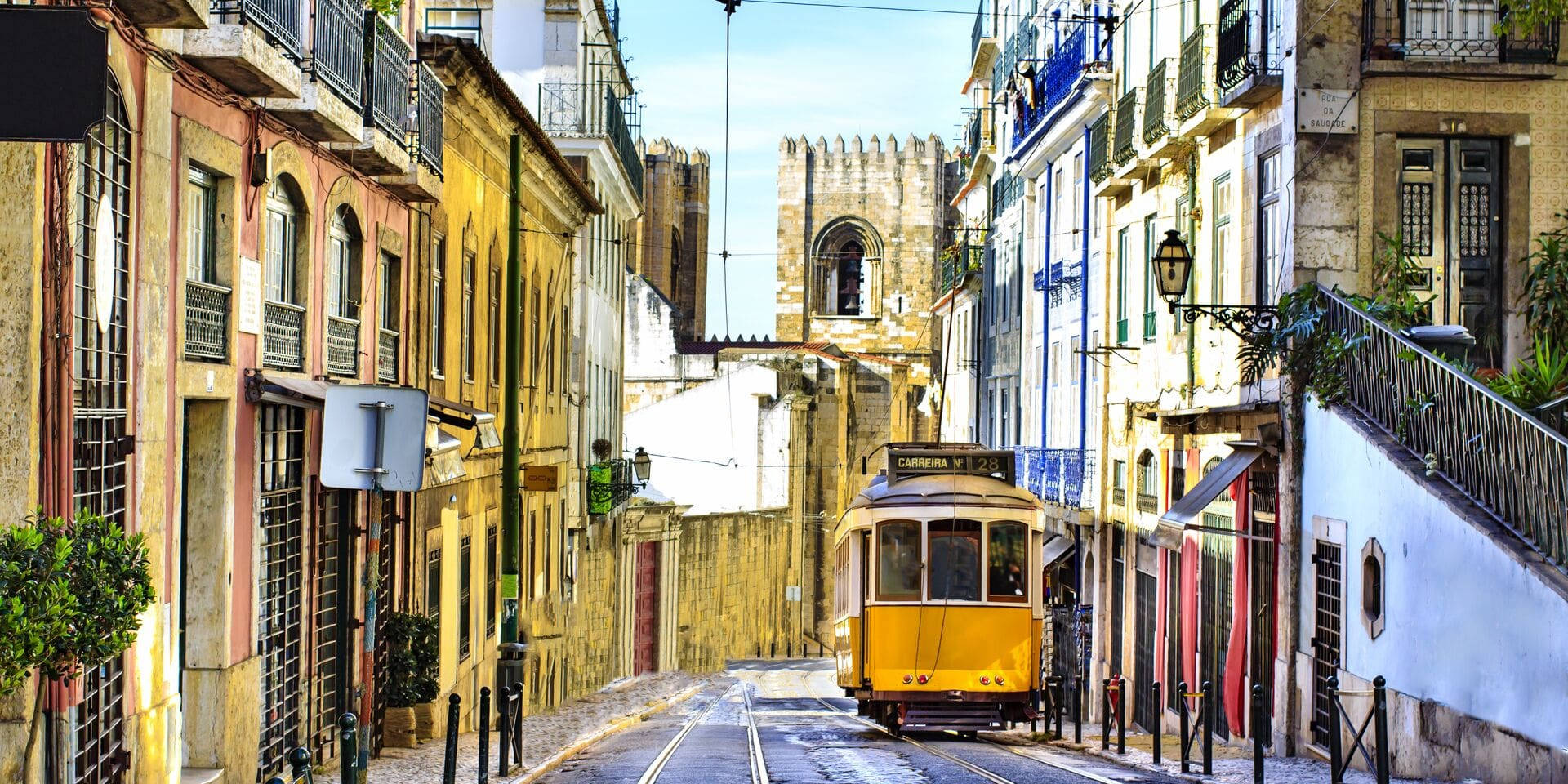 Iconic Yellow Trams Of Lisbon Background