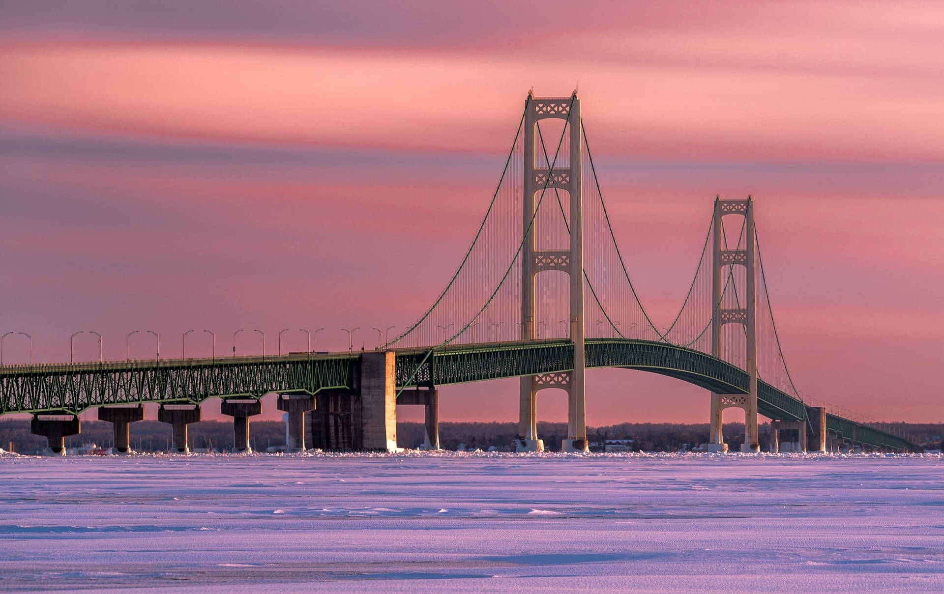 Icy Mackinac Bridge With Gradient Sky Background