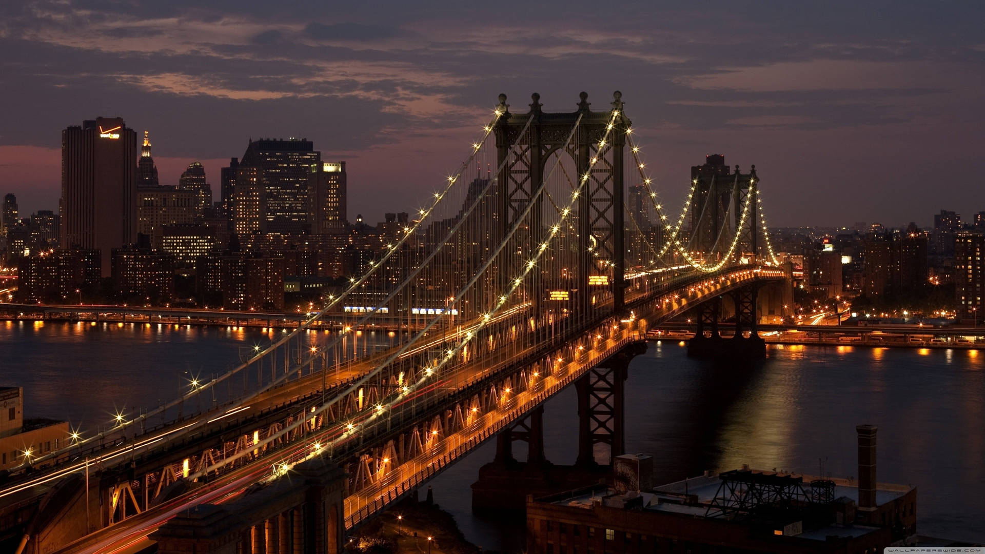 Illuminated Manhattan Bridge New York Computer Background