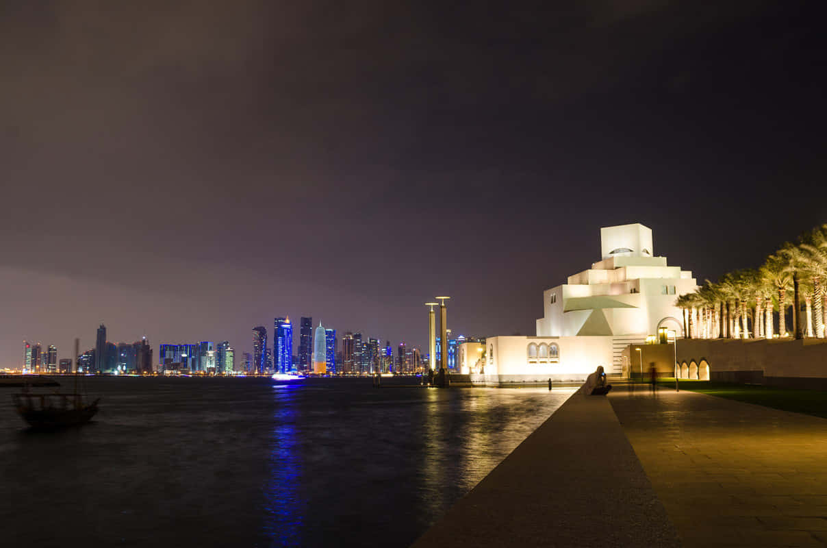 Illuminated Museum Of Islamic Art At Night Background