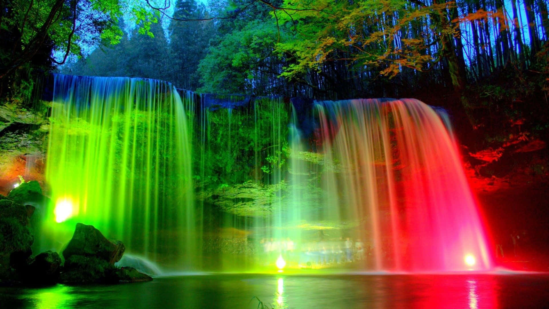 Illuminated Nabegataki Falls Japan Waterfall Desktop Background