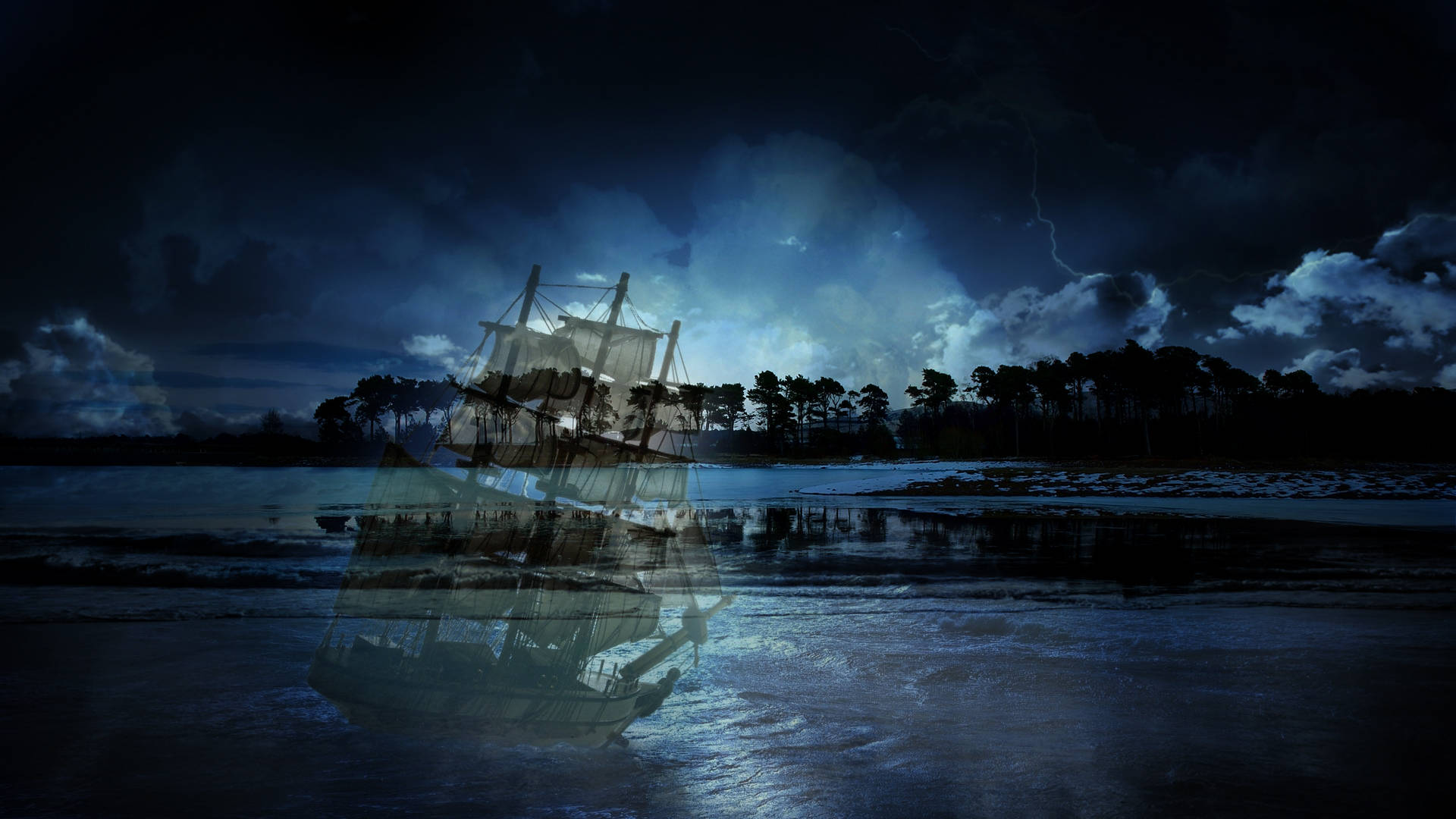 Illuminated Sailing Ghost Ship Background