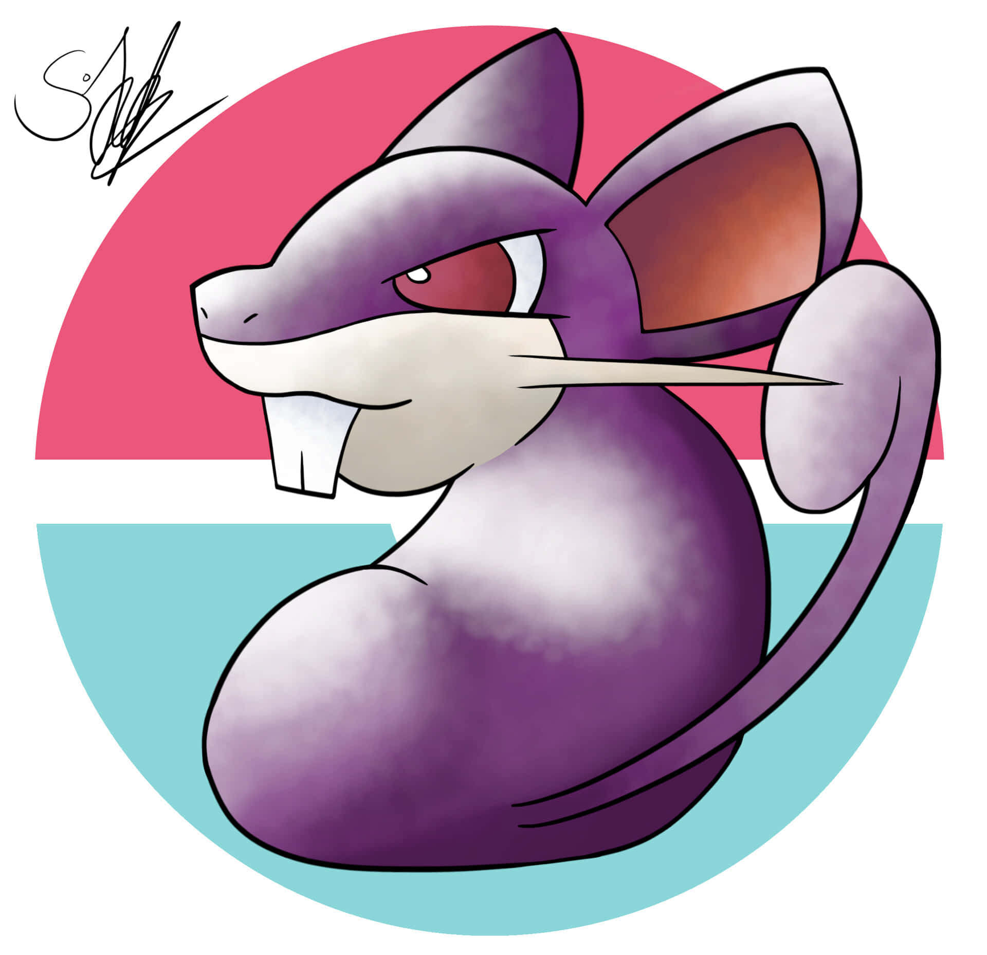 Illustration Of Rattata On Circle Background Of Pink And Aqua Blue Background