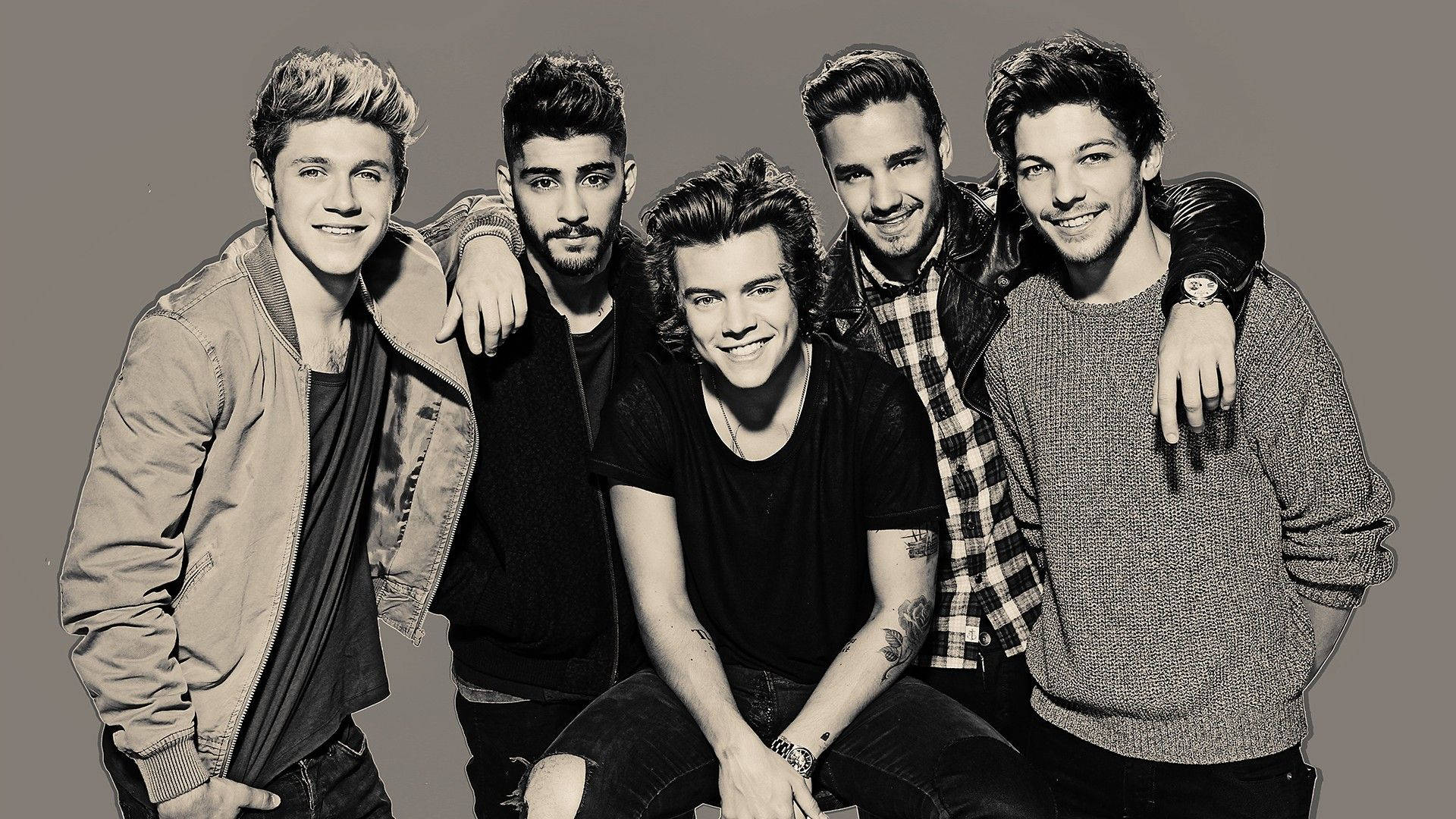 Image 5 Members Of One Direction Pose For The Band's Iconic Greyscale Photo Background