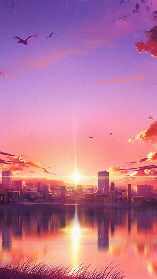 Image A Calming Sunset View Of A Cityscape In An Anime-inspired Universe. Background