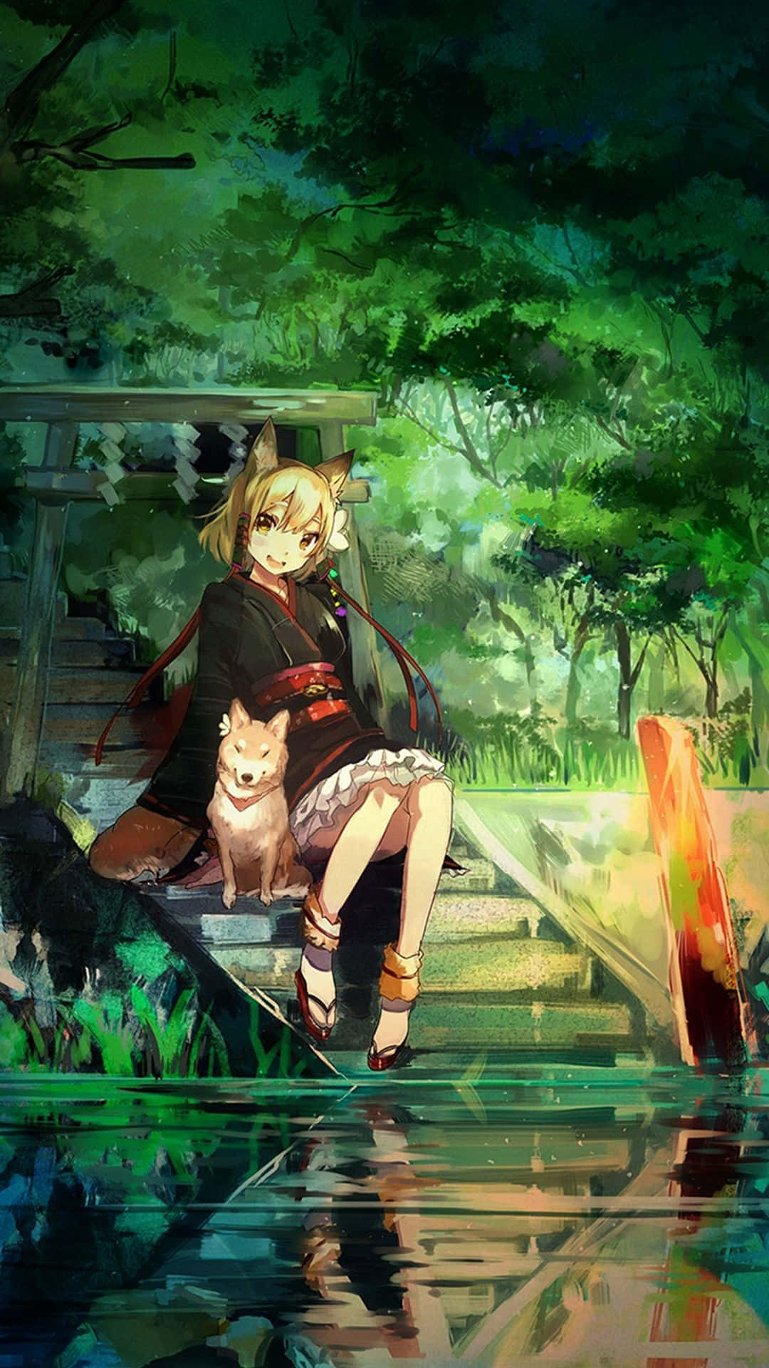 Image A Pretty, Green-haired Anime Character Smiling Background