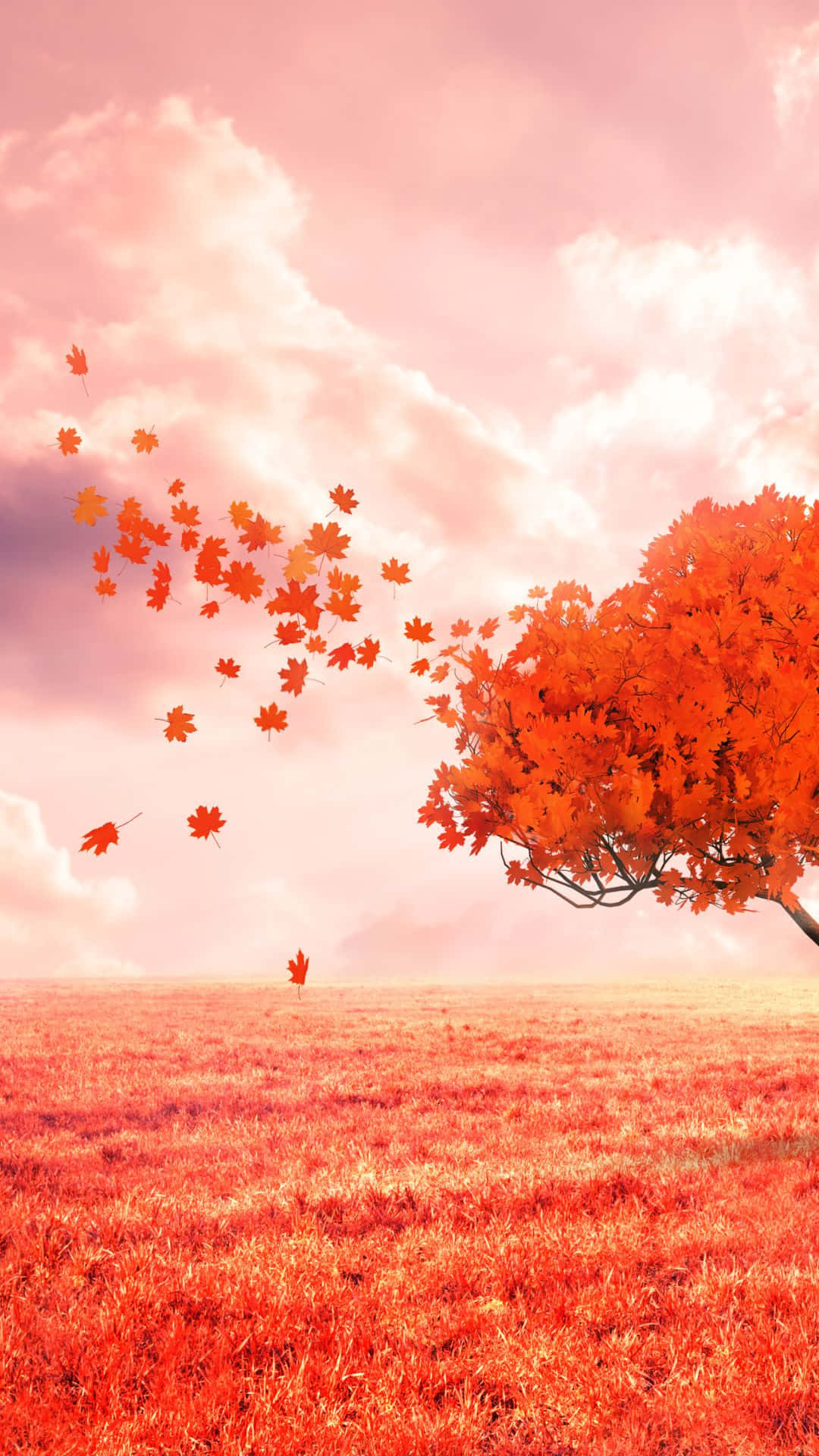 Image A Vibrant Red Tree Illuminated By Warm Light Background
